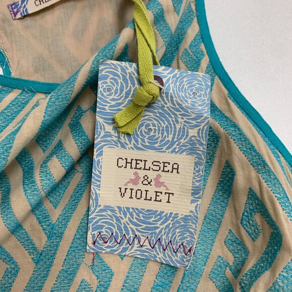 Chelsea & Violet Dress Womens Small Beige Blue Shift Textured Keyhole Ikat Lined - Picture 13 of 15